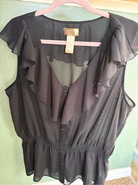 Miss Tina Black Sheer Ruffle-Detail Sleeveless Top